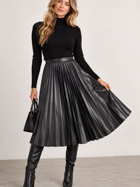 BCBGMAXAZRIA Faux Leather Pleated A-Line Skirt Black Size S